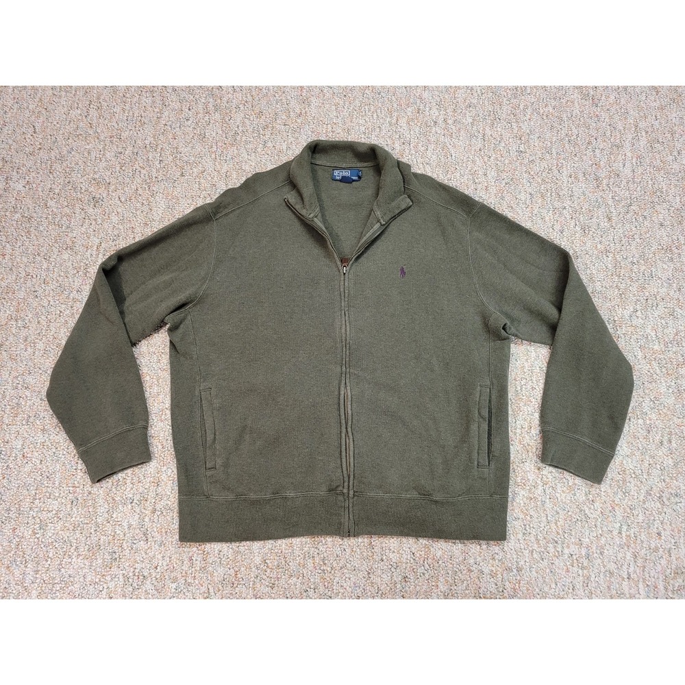 Polo Ralph Lauren Full Zip Sweater Mens XL Green Cotton Knit Mock Neck Pony Logo